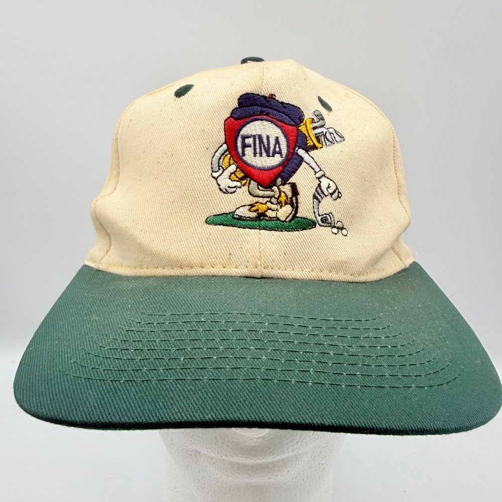 Vintage KC FINA Gas Oil Golfing Mascot Hat Cream Green Adjustable Strapback Cap
